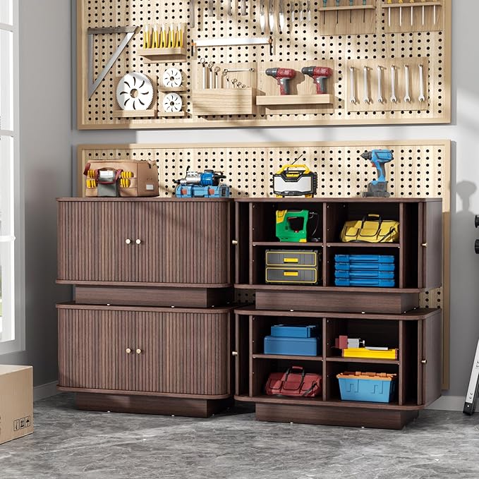 63" W Small Shoe Storage Bench, Shoe Bench Entryway with Sliding Doors and Adjustable Shelvs, Wooden Low Cabinet for Hallway, Living Room, Bedroom, Apartment, Dorm, Mudroom, Garage, Walnut, 2PCS