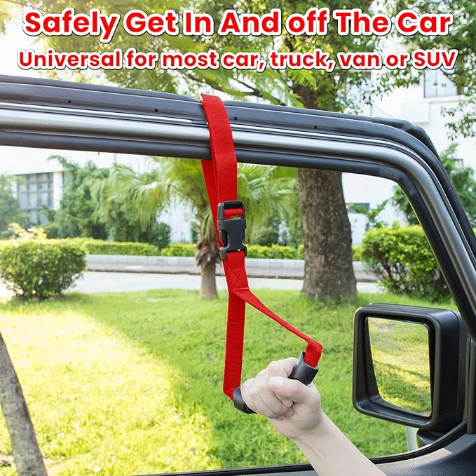 Cowlboy Auto Cane Grab Bar - Adjustable Standing Aid with Nylon Grip Handle - Portable Vehicle Support - Red