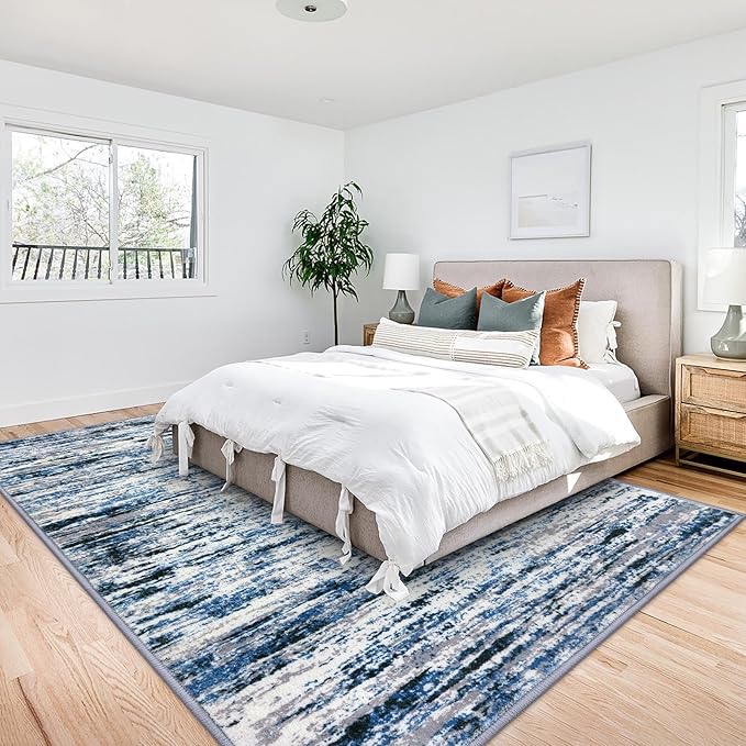 Modern Abstract 9x12 Large Machine Washable Living Room Rug Non-Slip Soft Bedroom Area Rug Grey Blue White Thin Print Faux Wool Carpet Throw Rugs for Nursery Playroom Dining Room Indoor