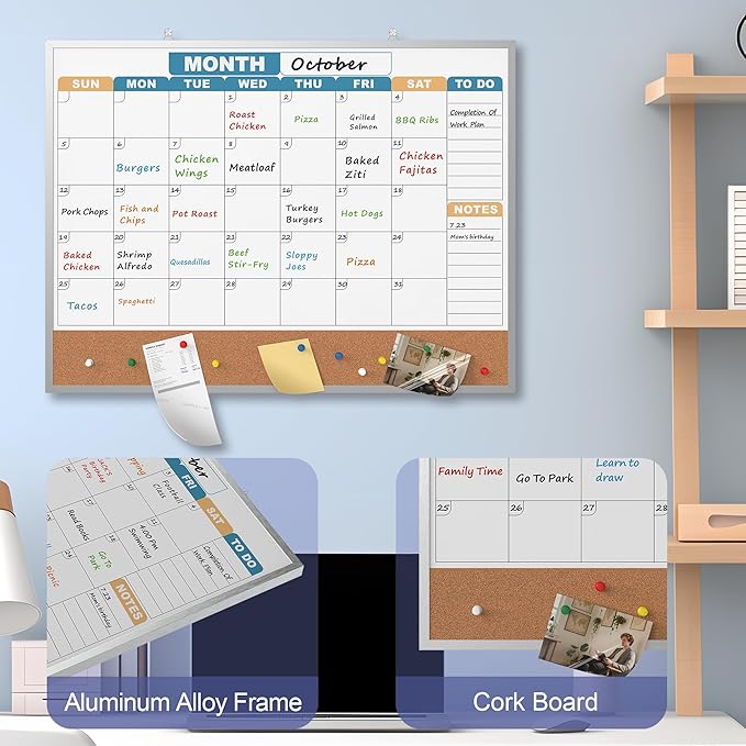 Monthly Calendar Dry Erase Board 24x18 Inch, Double-Sided Whiteboard and Corkboard Combo with Silver Aluminum Frame (Color Calendar), Wall Mounted Planner with Marker, Magnet, Push Pin, Eraser