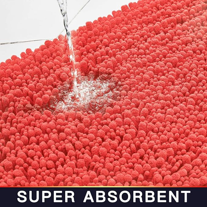 Walensee Large Bathroom Rug Non Slip Bath Mat (24x60 Inch Coral) Water Absorbent Super Soft Shaggy Chenille Machine Washable Dry Extra Thick Perfect Absorbant Best Plush Carpet for Shower Floor