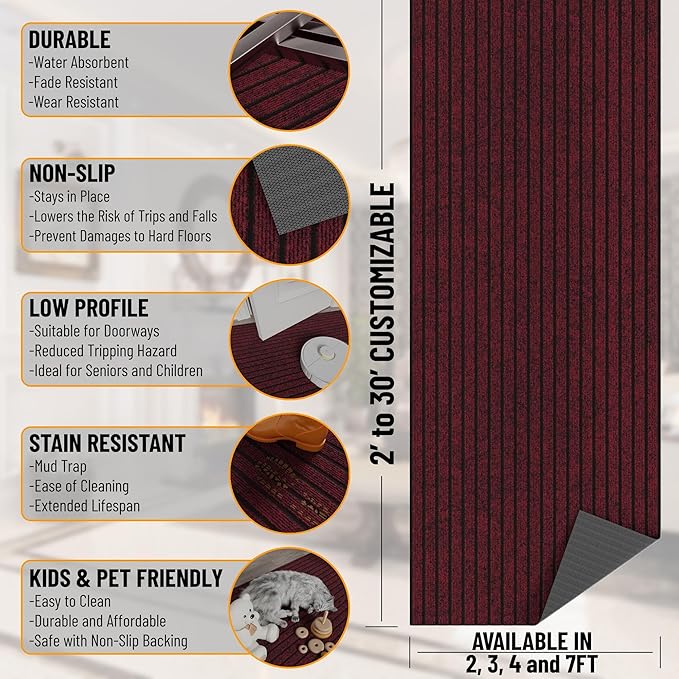 Ottomanson 2'7" x 14' Hallway Runner with Scraper Pile Extra Durable Non-Slip Rug Mat for Indoor & Outdoor Use - Ideal for Kitchen, Entryway, Patio & Garage - High-Traffic Carpet, Red