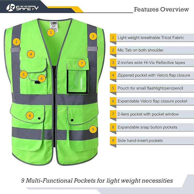 JKSafety 9 Pockets Class 2 High Visibility Zipper Front Safety Vest With Reflective Strips, Meets ANSI/ISEA Standards (Large, 150-Green)