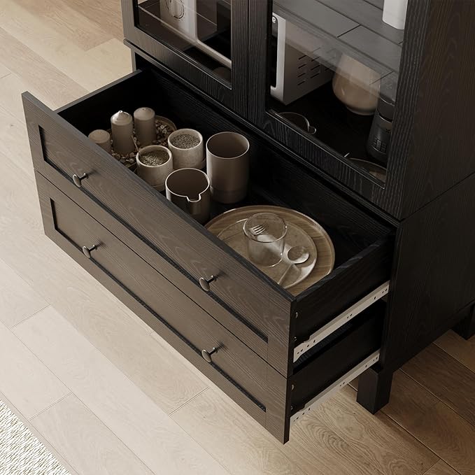 71" Tall Arched Kitchen Pantry, Kitchens Pantry Storage Cabinet with 2 Large Drawers and Adjustable Shelves, Modern Farmhouse Versatile Cupboard for Kitchen, Dining Room, Bathroom, Black