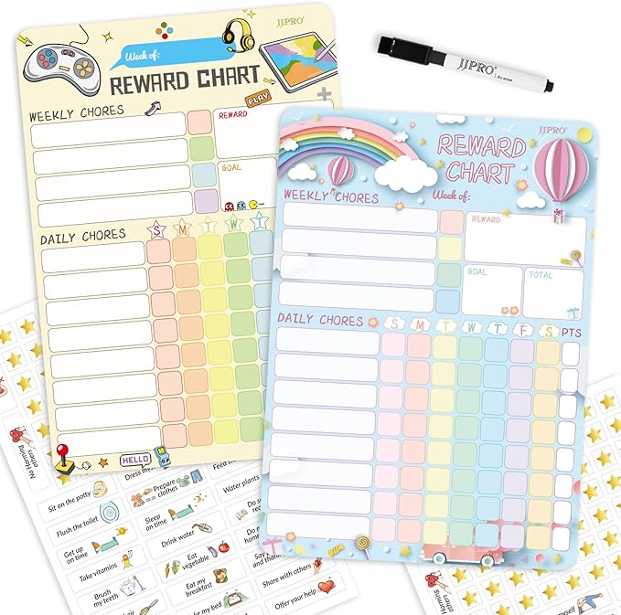 Magnetic Dry Erase Chore Chart for Two Kids at Home, Reward Chart for Kids Behavior. Includes 52 Static Tasks,126 Golden Stars and 8.5"x12" Video Game& Rainbow Magnetic Charts Each