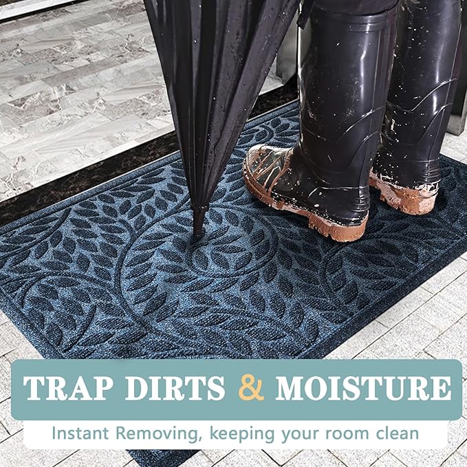 Bulijojo Front Door Mat Entrance,Durable Heavy Duty Welcome Mat,Thick Absorbent Natural Rubber Non Slip Mat,Sturdy Entryway Blue 17"x30"