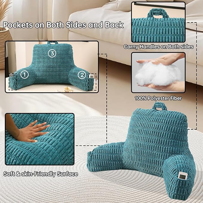 Reading Pillow for Sitting in Bed, Large Backrest Reading Pillow with Arm Rest,Back-Rest Support Cushion for Sit Up on Couch, Sofa, and Floor, Dorm Essentials (Dark Green Corduroy, Large(19"))