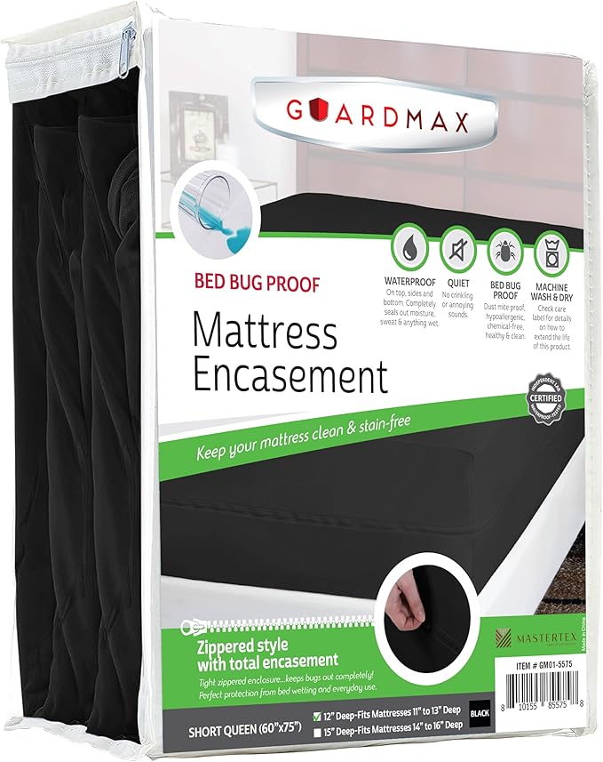 Guardmax Jersey Knitted Short Queen Zippered Mattress Encasement - Waterproof & Bed Bug Proof Mattress Protector - Comfortable, Soft, and Noiseless Zippered Bedding - Dust Mite Proof (60 x 75 x 12)