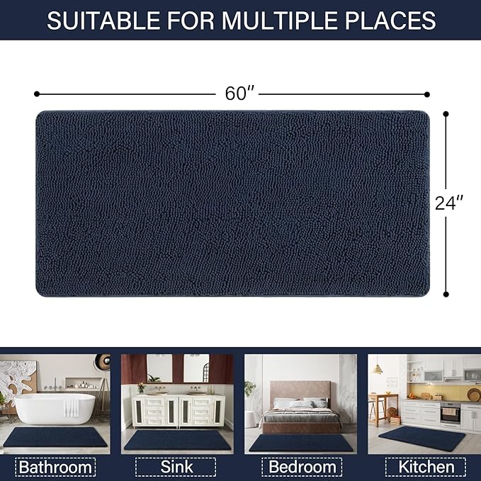 LOCHAS Luxury Bathroom Rug Shaggy Bath Mat 24 x 60 Inch, Washable Non Slip Bath Rugs for Bathroom Shower, Soft Plush Chenille Absorbent Carpets Mats, Navy