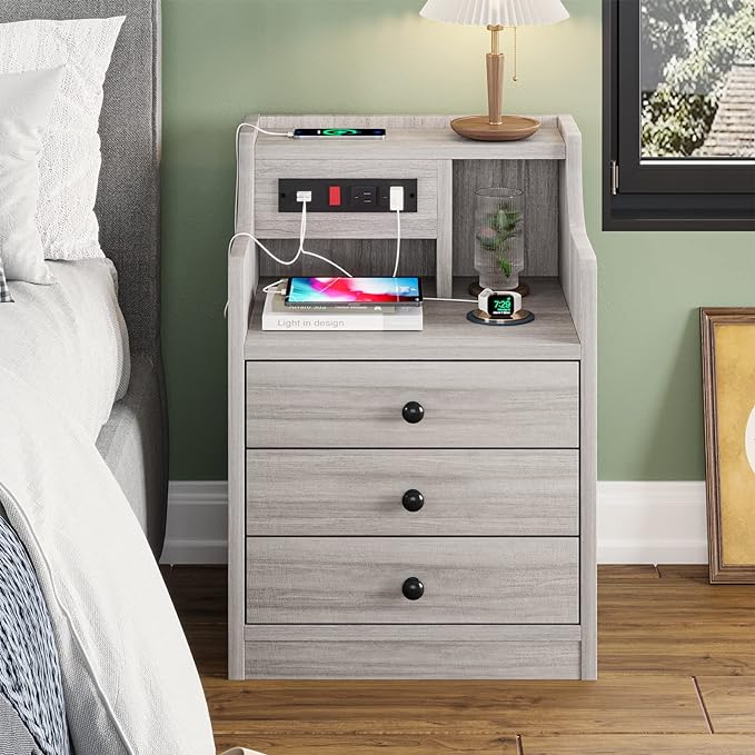 ADORNEVE Nightstand Set 2,Gray Nightstand with Charging Station & Hutch,Night Stands for Bedrooms Set of 2,Bedside Table with Drawers