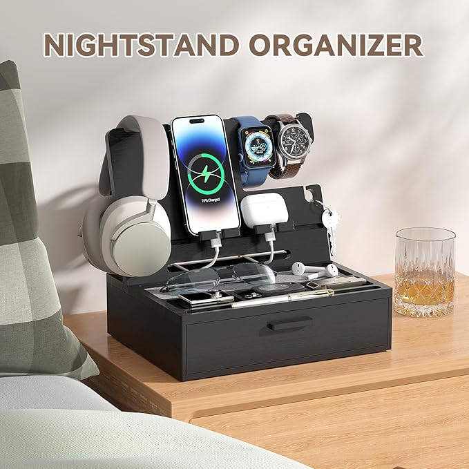 Pezin & Hulin Wooden Charging Station, Bedside Nightstand Tray, with Spacious Drawer, Felt Pads for Phones, Watch, Idea Gifts for Him Birthday, Son, Christmas for Papa Fathers Day