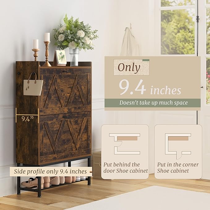Narrow Shoe Storage Cabinet with 2 Flip Drawers & Adjustable Shelf for Entryway, Freestanding Hidden Slim Shoe Organizer Rack, Rustic Brown