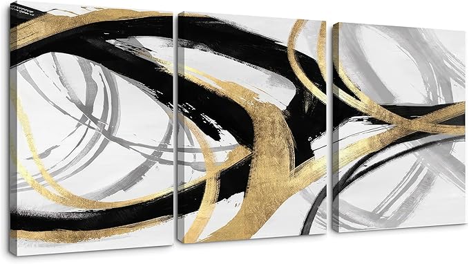 DUWQU 3 Piece Black and Gold Abstract Canvas Wall Art, Modern Black Gold and White Wall Decor, Spiral Brushstrokes Line Art Prints for Living Room Bedroom Office Home Decorations 12×16x3 In