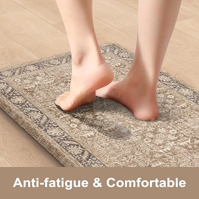 KIMODE Farmhouse Anti Fatigue Kitchen Mat, 17"x59"+17"x29" Vintage Kitchen Rugs, Waterproof Kitchen Floor Mats Non Slip, Comfort Foam Standing Mat for Sink, Laundry, Office, Desk Brown