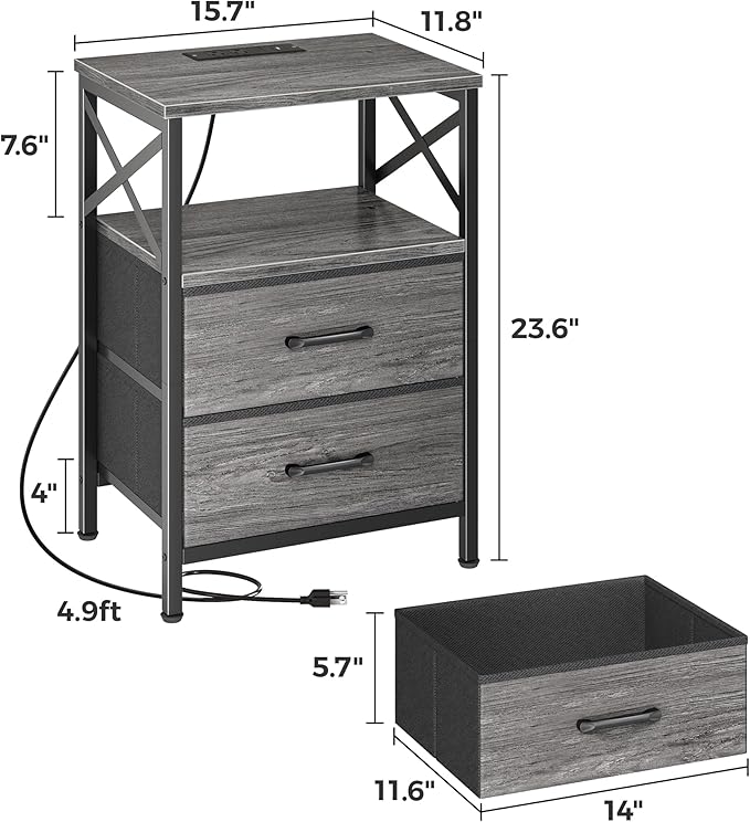 Huuger Night Stand with Charger Station, 2 Drawer Nightstand with Open Shelf, Bed Side Table with USB-C Port, End Table, Compact Size for Small Spaces, X Shaped Side Rail, Grey