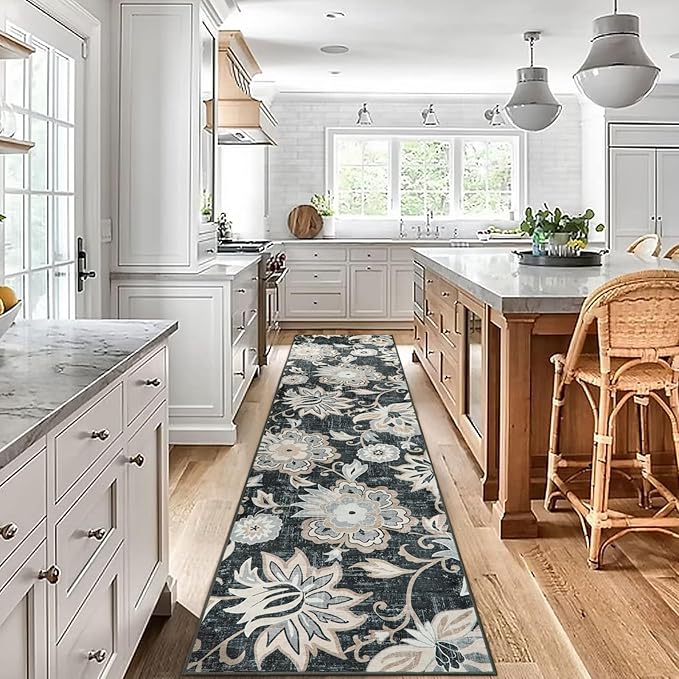 Beeiva Floral Hallway Rug Ruuner, Vintage Black 2.5x12 Kitchen Rugs Non Slip Washable Ultra Thin, No Shedding Printed Distressed Long Kitchen Runner Rug for Bedroom Bathroom