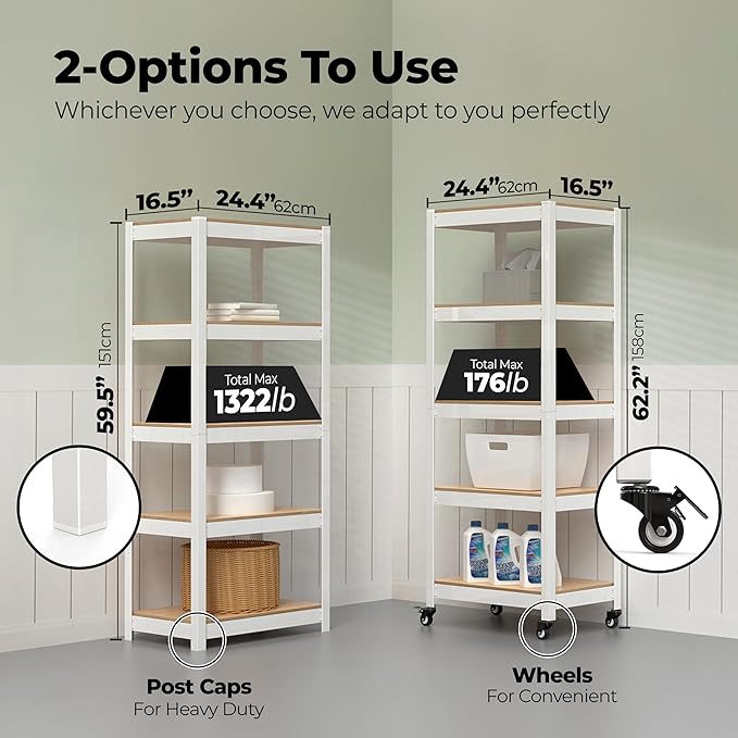 HOMEDANT House 5-Tier Metal Rolling Cart Shelf Rack Casters Heavy Duty Laminated Wheel Shelving Unit Adjustable Utility Storage Shelves Organizer Shelf Kitchen Garage (1, (S) 24.4" W, White)