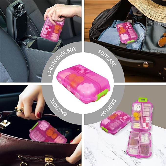 Pill Organizer with Medicine Labels Travel Daily Pill Container Mini Medication Organizer Storage Pill Organizer Travel Essentials Pill Case 7 Day (Pink & 161 Lables)