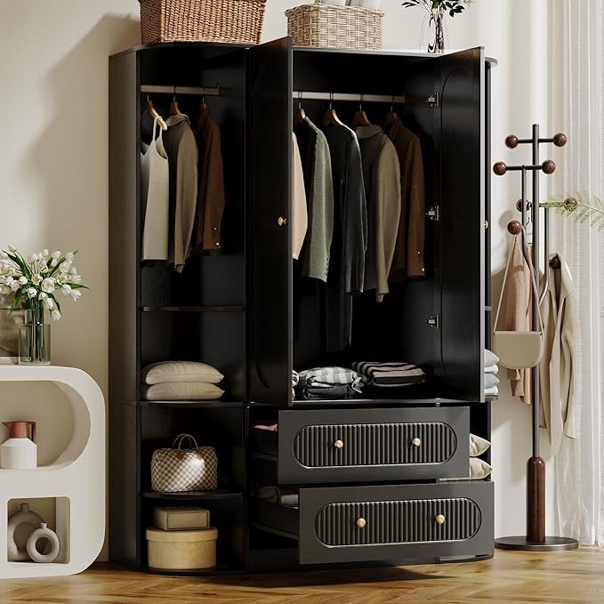 69” Fluted Large Capacity Storage Wardrobe Armoire, Wardrobe Armoire Wooden Closet with 2 Doors, 3 Hanging Rod Shelves, 2 Drawers & 6 Display Shelves, Bedroom Clothing Storage Cabinet Black