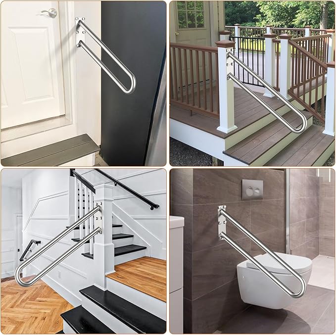28 Inch U Shaped Handrail for 1-5 Steps - 1.25" Tube, ZUEXT Satin Brushed Nickel Stainless Steel Safety Grab Bar,Wall Mounted Handicap Hand Railing for Outdoor Garage Entry Interior Exterior Stairway