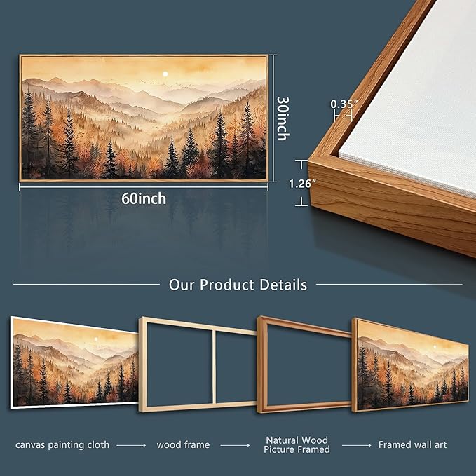 FUHAIHUA Wood Framed Canvas Wall Art For Living Room Large Wall Decor For Office Bedroom Decorations Forest Landscape Pictures Farmhouse Painting Artwork Room Wall Mural Aesthetic Home Decor 30x60 In