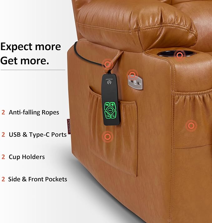 MCombo Dual Motor Large Power Lift Recliner Chair for Elderly, Lay Flat Lift Chair with Heat and Massage, Big Lift Recliner for Tall People, Faux Leather 7896 (Tawny, Large)