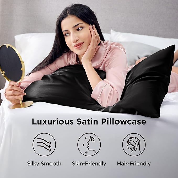 Bedsure Satin Pillowcases Standard Set of 4 - Black Silk Pillow Cases for Hair and Skin 20x26 inches, Satin Pillow Covers 4 Pack with Envelope Closure, Gifts for Women Men