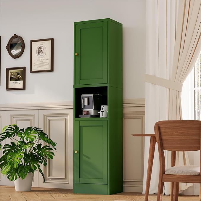 2-Door Metal Storage Cabinet, Tall Slim Pantry Organizer with 3 Adjustable Shelves (120LBS/Shelf), Anti-Tipping Waterproof Cabinet for Bathroom/Kitchen/Home Office/Small Spaces,(1PC,Green)