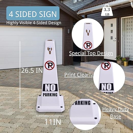BESEA 4PCS White No Parking Cone White Caution 4 Sided No Parking Cone Reserved Parking