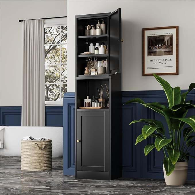 2-Door Metal Storage Cabinet, Tall Slim Pantry Organizer with 3 Adjustable Shelves (120LBS/Shelf), Anti-Tipping Waterproof Cabinet for Bathroom/Kitchen/Home Office/Small Spaces, (1PC,Black)