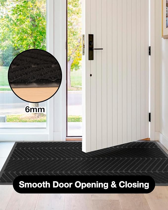 16" x 32" Black Front Door Mat Indoor Outdoor, Low Profile Welcome Doormat for Entrance, Waterproof All-Weather Entry Mat for High Traffic Area