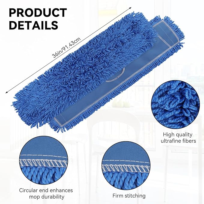 Commercial 36 Inch Dust Mop Head: Replacement Heavy-Duty Sweeper and Janitorial Industrial Dust Mop Head for Floor Cleaning, Office, School, Restaurant, Hospital (Blue - 6 Pack)