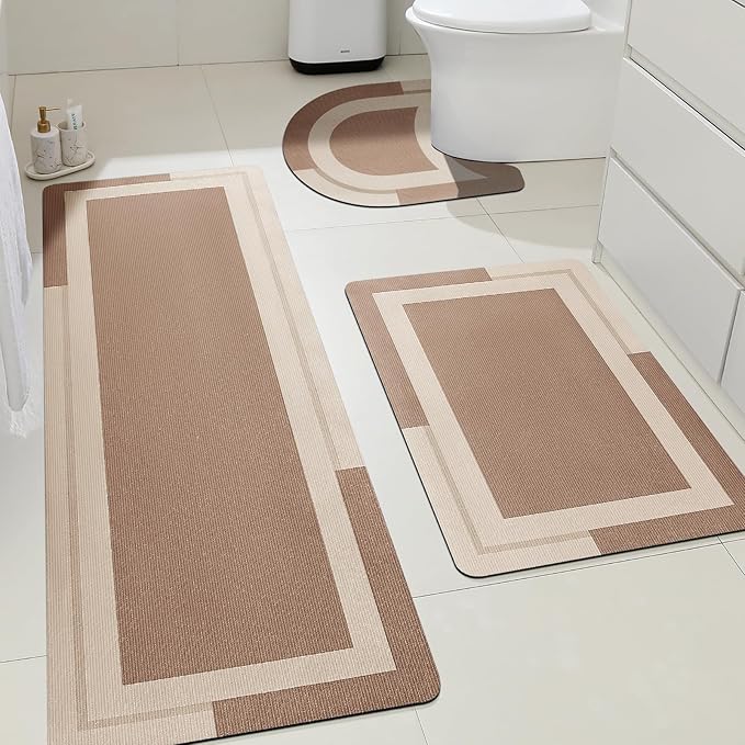 ACCUMTEK Ultra Thin Bath Mat, Upgrade Backing Non Slip Thin Bath Mats Fit Under Door, Quick Dry Ultra Absorbent Bathroom Rugs, Machine Washable Bath Rugs for Bathroom, Bathtub, Taupe/Bordered/3 Piece