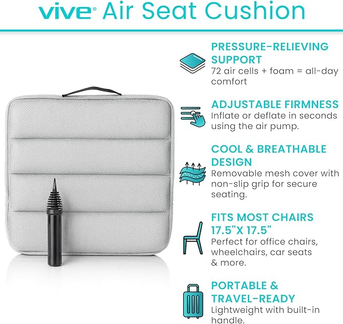 Vive Inflatable Wheelchair Air Seat Cushion - Adjustable Air Pressure Relief Travel Seat, Portable - Waffle Style Pressure Relief Bed Sore Ulcer Treatment Wheel Chair Pain Cushion for Mobility Aids