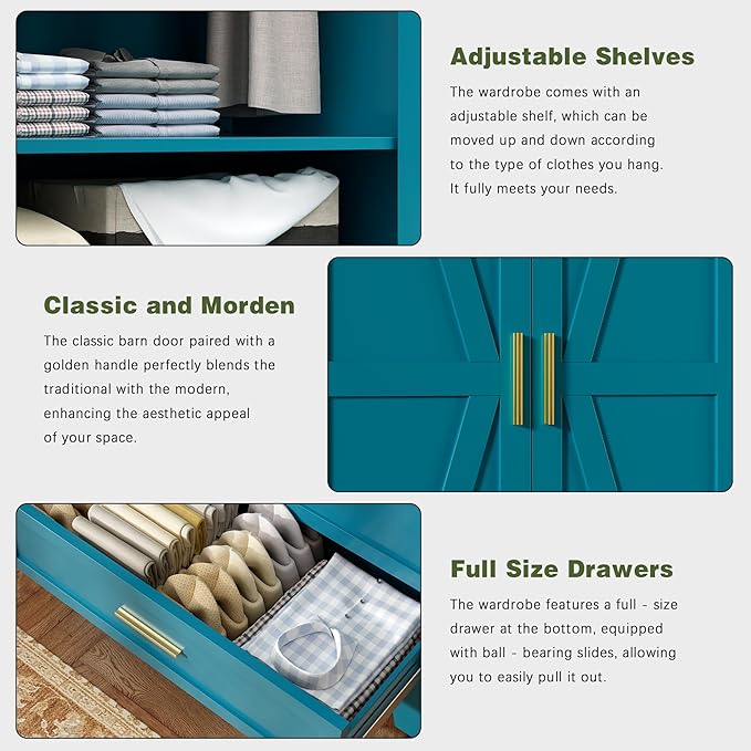 COFaR 71 Farmhouse Metal Wardrobe Closet with Hanging Rod, 2 Barn Doors, Adjustable Shelves, Steel Armoire with Drawer for Home, Bedroom Green