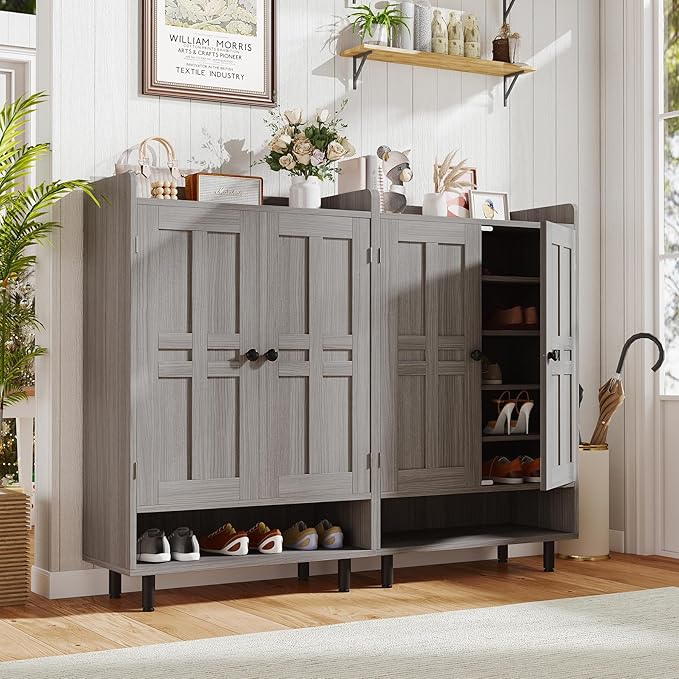 Entrance Shoe Cabinet with Doors,6-Tier Farmhouse Shoe Storage Organizer with Adjustable Shelves Holds 18-28 Pairs and Metal Legs, Entry Organizer Entryway, Living Room (Grey)