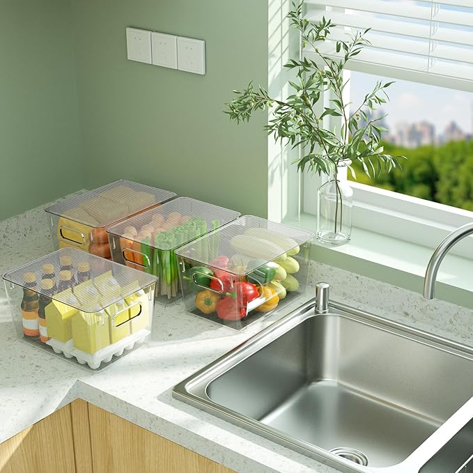 BALEINE Clear Stackable Storage Bins with Lids, Plastic Containers with Handle for Pantry Organizers and Storage, Plastic Bins for Fridge, Kitchen, Bathroom, Cabinet (10x6x5, 8PK)