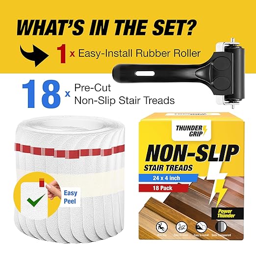 24"x4" Clear Non-Slip Stair Treads for Wooden Steps (18-Pack) - Self Adhesive Strips - Transparent Indoor