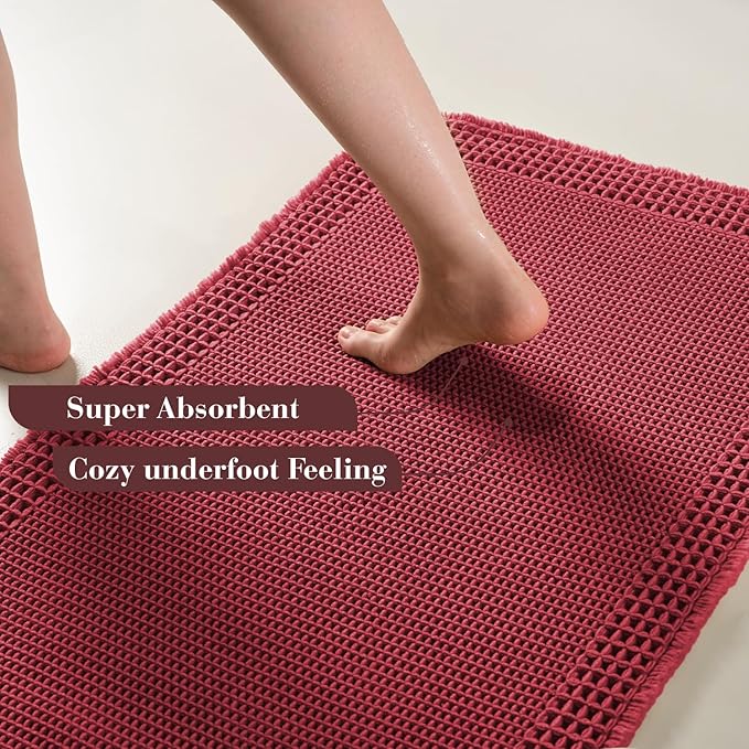 RESARE Christmas Waffle Bath Mat for Bathroom, Super Absorbent Bathroom Rugs Non Slip Machine Washable, Ultra Soft Quick Dry Boho Bath Rugs with Tassels for Floor, 17"x24" Red