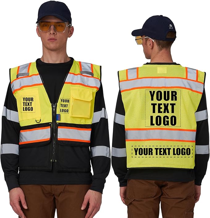 A-SAFETY High Vis Reflective Safety Vest for Men Women Zipper Ipad Pockets Mesh Construction Apparel Neon Vest for Work