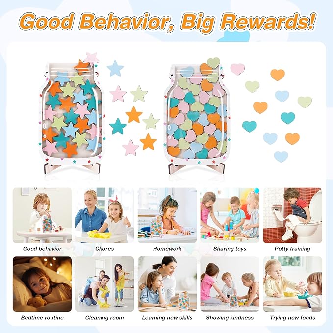 2 Pack Magnetic Reward Jar for Kids Star and Heart Incentive Jars for Classroom Toddlers Potty Training Reward Home Training for Boys Girls,Star and Heart