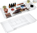 2Pack Shallow Expandable Drawer Organizer, Adjustable 12.5”–20” Clear Plastic Drawer Organizer Tray for Vanity Bathroom Desk Kitchen Drawers, Multi Compartment Storage