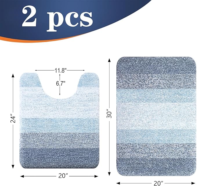 OLANLY Bathroom Rug Set 2 Piece, Soft Absorbent Microfiber Bath Mats and U-Shaped Contour Toilet Rug, Non-Slip, Machine Wash Dry, Plush Shaggy Bath Mats for Bathroom (30"x20"+24"x20", Blue)