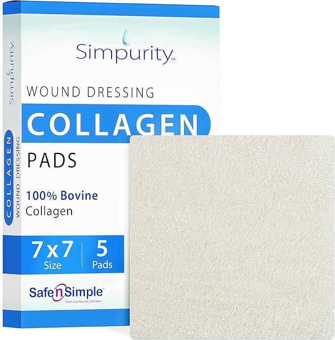 Collagen Dressing Pads - 7 x 7 in 5-Pack Collagen Pads for Wounds - Non-Adherent Collagen Dressing for Wound Care - Safe n' Simple Wound Care Supplies