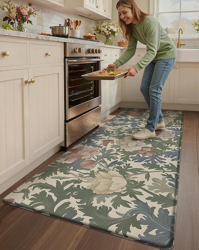 Color&Geometry Floral Kitchen Mat 24"x59", Anti Fatigue Mats for Kitchen Floor, Kitchen Rugs Non Slip, Waterproof & Oil Proof Kitchen Runner for Standing Desk Office, Sink - Floral Beige