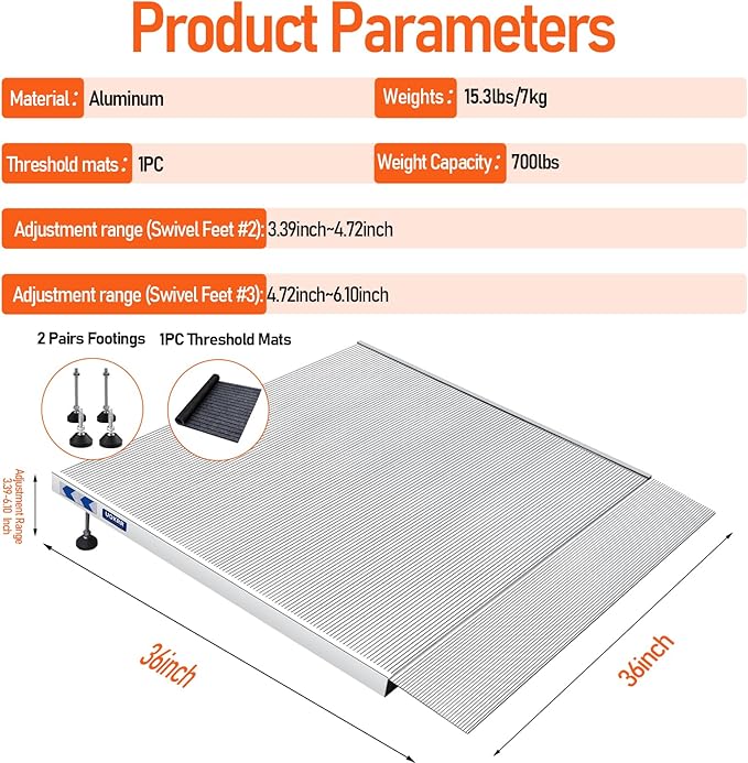 Threshold Ramp for Wheelchairs, 3.4-7.1" Rise and 36"×36" Platform Aluminum Wheelchair Ramp, Door Threshold Ramps with a Non-Slip Thick Door Mat