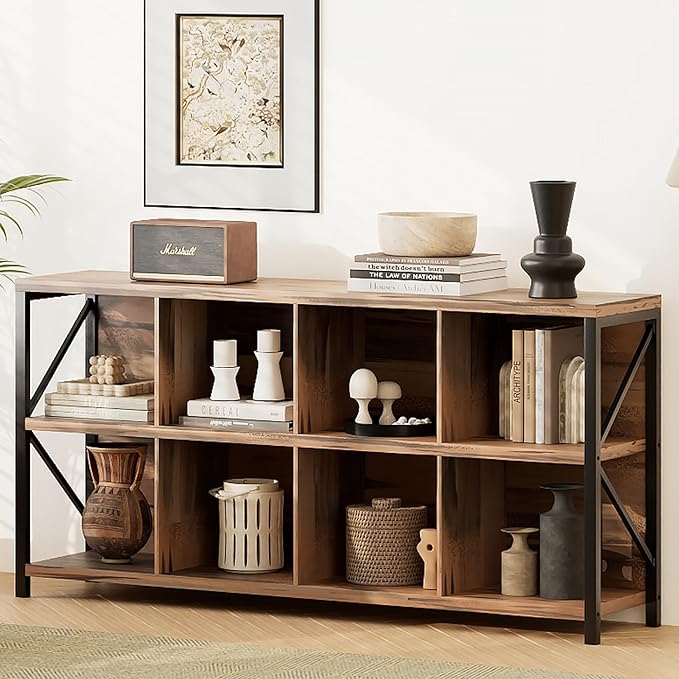 8 Cube Storage Organizer Bookshelf, Industrial Horizontal Bookcase, Accent Cubby Shelf, Media Console Table for Living Room, Home Office, 13.6" D x 63" W x 30.9" H, Light Oak