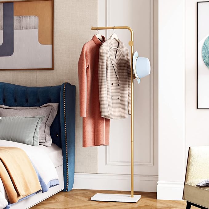 DR.IRON Modern Gold Coat Racks Freestanding Hall Coat Tree,Hat Racks with Marble Base & Coat Hanger with Umbrella for Entryway Hallway, Office or Bedroom