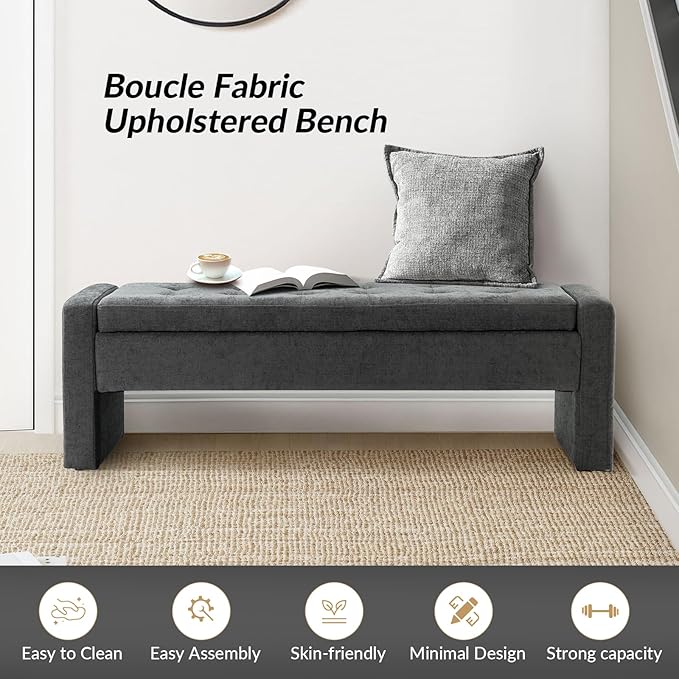 55" Modern Upholstered Storage Bench with Tufted Seat, Fabric Ottoman Bench for Bedroom, Entryway, or Living Room, Soft Close Hinge,Charcoal