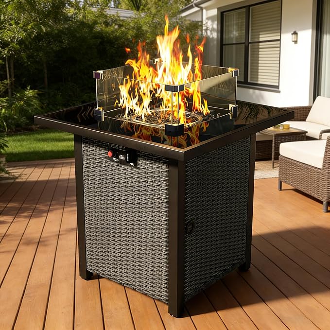 28" Square Fire Pit Table, Outdoor Propane Gas Firepit with Lid & Glass Wind Guard, 50,000 BTU, CSA Listed, Black Wicker Rattan for Patio, Garden, Backyard, Deck